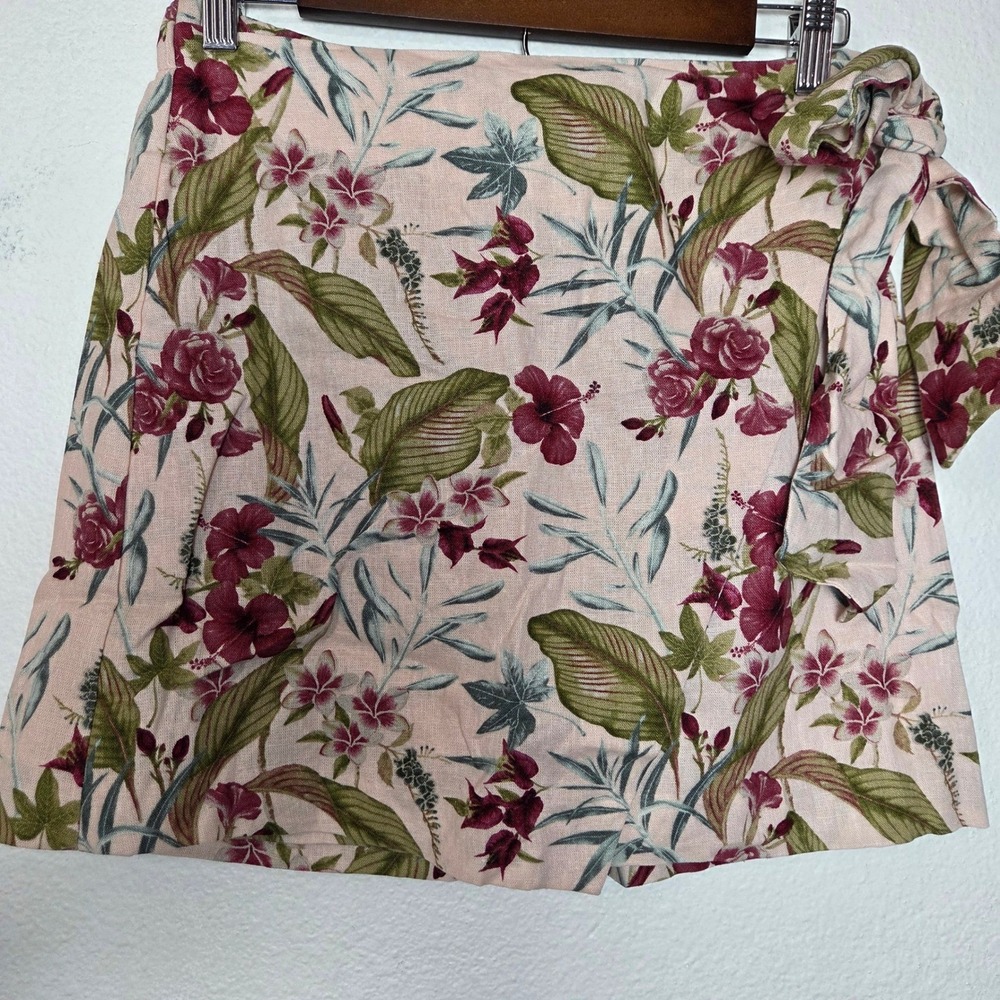 Maison d'Amelie Paris Linen Aloha tropical pink wrap mini skirt M - Picture 2 of 13